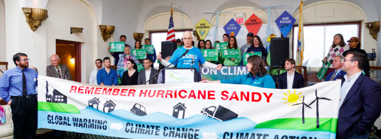 Superstorm Sandy walloped the NJ coast 5 years ago; NJ League of Conservation Voters Ed Fund held a rally Sunday to demand action on climate change.