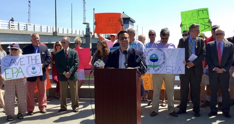 Environmentalists oppose Trump's budget cuts at a news conference at the Mantoloking Bridge.