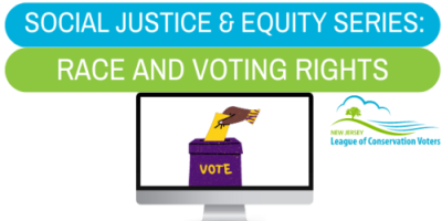 Social Justice & Equity Series: Race and Voting Rights. There is a graphic of a Black hand inserting a ballot to a voting box.