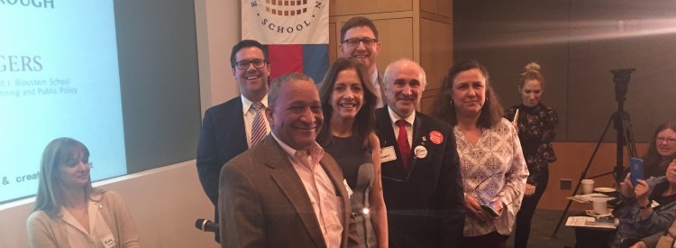 From L to R: NJLCV's Ed Potosnak, Mayor Bruce Harris of Chatham Borough, First Lady Tammy Murphy, Sustainble Jersey's Randy Solomon, Mayor Phil Kramer of Franklin, and Bloustein's Jeanne Herb.