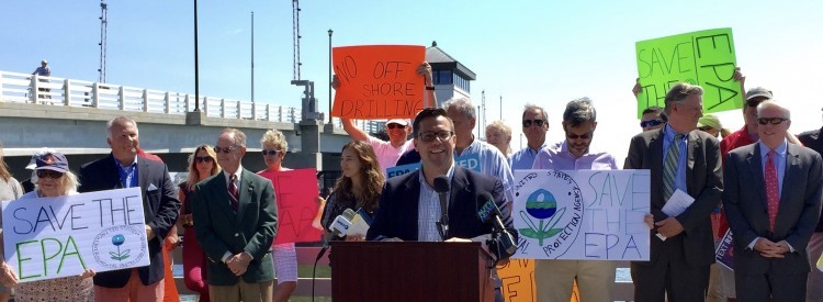 Environmentalists oppose Trump's budget cuts at a news conference at the Mantoloking Bridge.